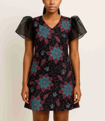 Ankara Mini Dress with Organza Puffy Sleeves