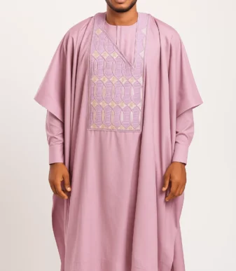 Pink Men’s 3 Piece Agbada Set with Embroidery + Free Fila Cap