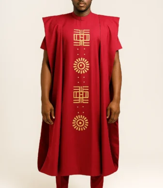 Crimson Men’s 3 Piece Agbada Set with Centre Embroidery + Free Fila Cap Gift