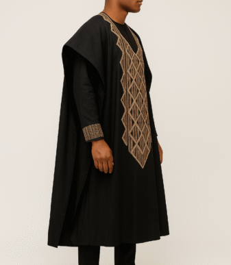 Gold Embroidered Men’s Black 3 Piece Agbada Set + Free Fila Cap